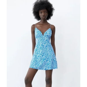 ZARA Floral Print Mini Dress V-Neck Spaghetti Strap Smocked Sundress
